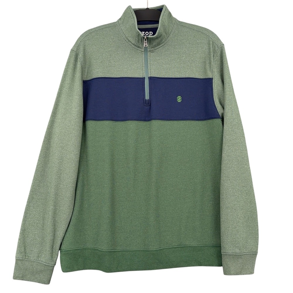 IZOD Advantage Performance Quarter Zip Men L Poly Viscose Green Navy Colorblock